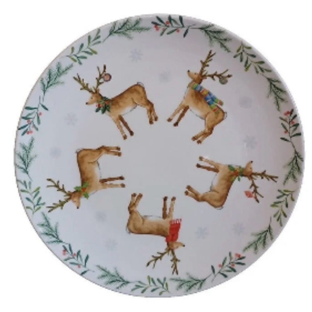 Harvest Green Studios Christmas Reindeer 10 1/2" Dinner Plates (Set of 8) NEW